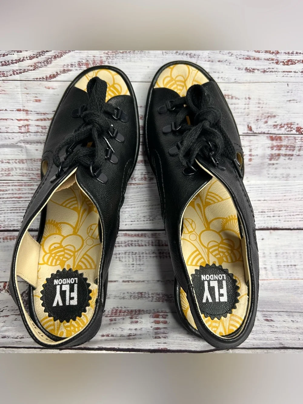 Fly London Lace Up Wedge Sandals Black Leather Women’s Size US 8-8.5/ EU 39